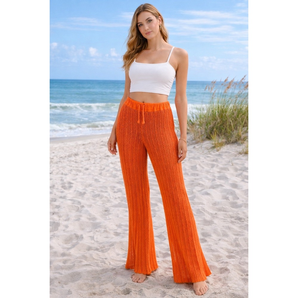 Free People FP Beach Bell Bottom Pants SZ S Open Knit Crochet Drawstring Resort